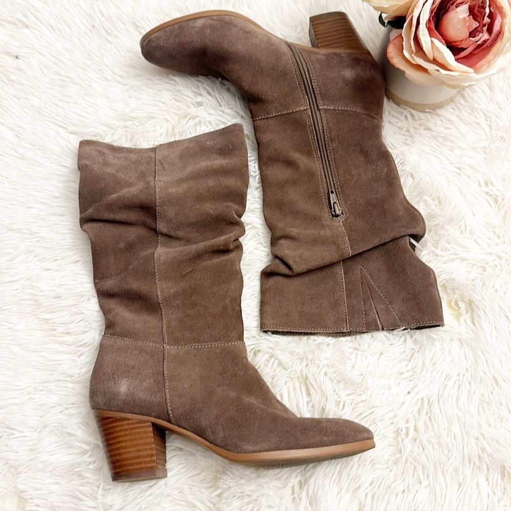 Crown Vintage Taupe Suede Slouchy Calf Heel Boots women size 6.5 - Picture 2 of 6